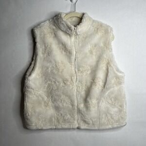 Coldwater Creek Large Thick Fleece Ivory‎ Zip Front Decorative Vest Elegant Leaf